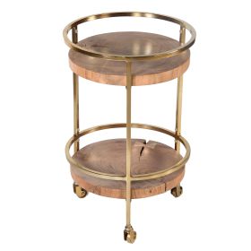 34 Inch 2 Tier Industrial Style Tea and Bar Cart, Live Edge Mango Wood Shelves, Metal Frame, Brown, Brass