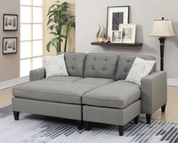 Reversible 3pc Sectional Sofa Set Light Grey Tufted Polyfiber Wood Legs Chaise Sofa Ottoman Pillows Cushion Couch