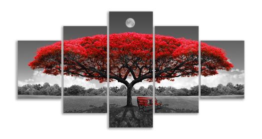 Canvas Wall Art Red Tree Wall Art with Moon Black and White Landscape Pictures for Wall Decor Large Pictures for Living Room 5 Pieces